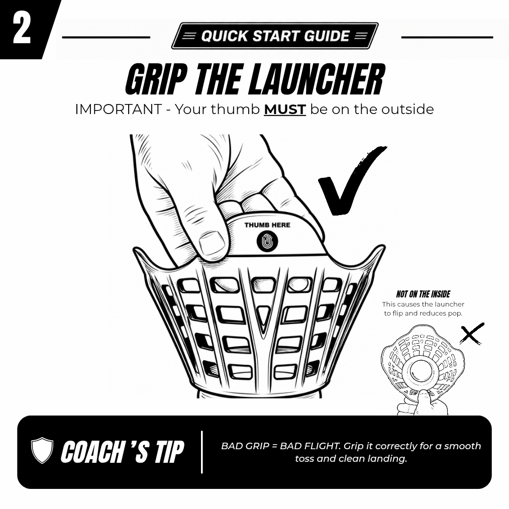 Step 2: Grip the Blitzpop launcher with your thumb on the outside mark.